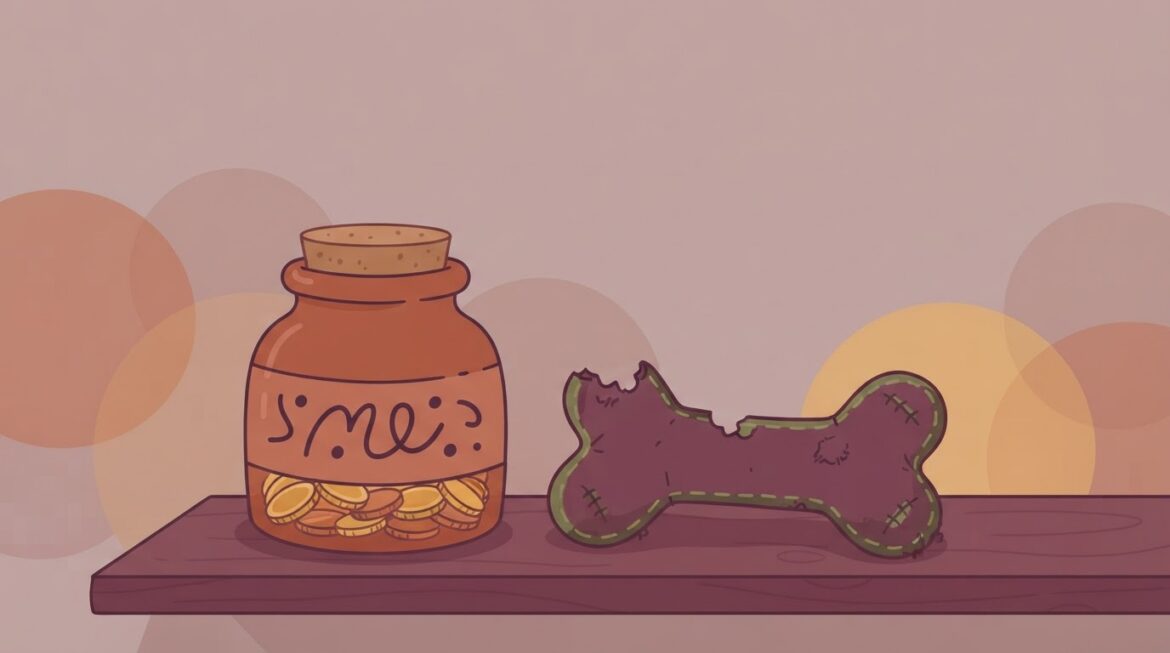 a labeled savings jar with coins beside a dog toy