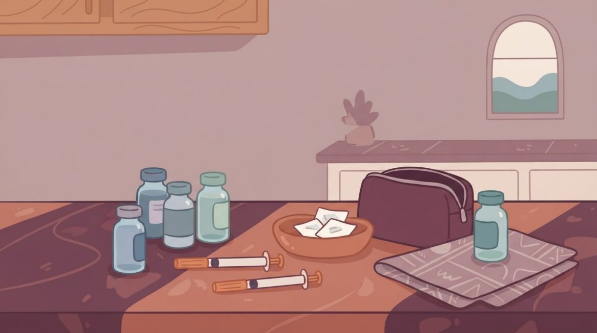 insulin vials and syringes arranged on a kitchen counter