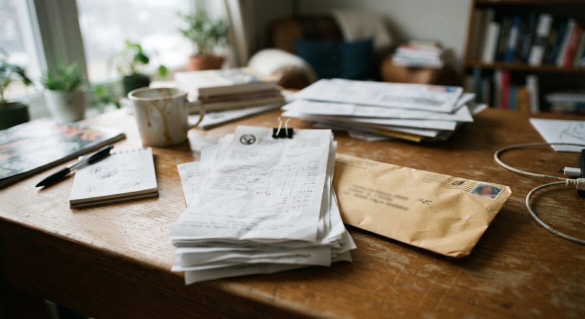 a stack of vet receipts beside a mailed envelope
