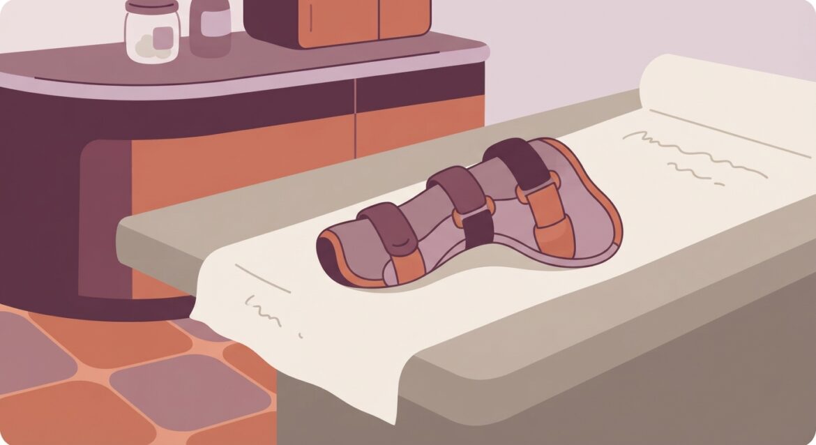 a dog leg brace resting on an exam table