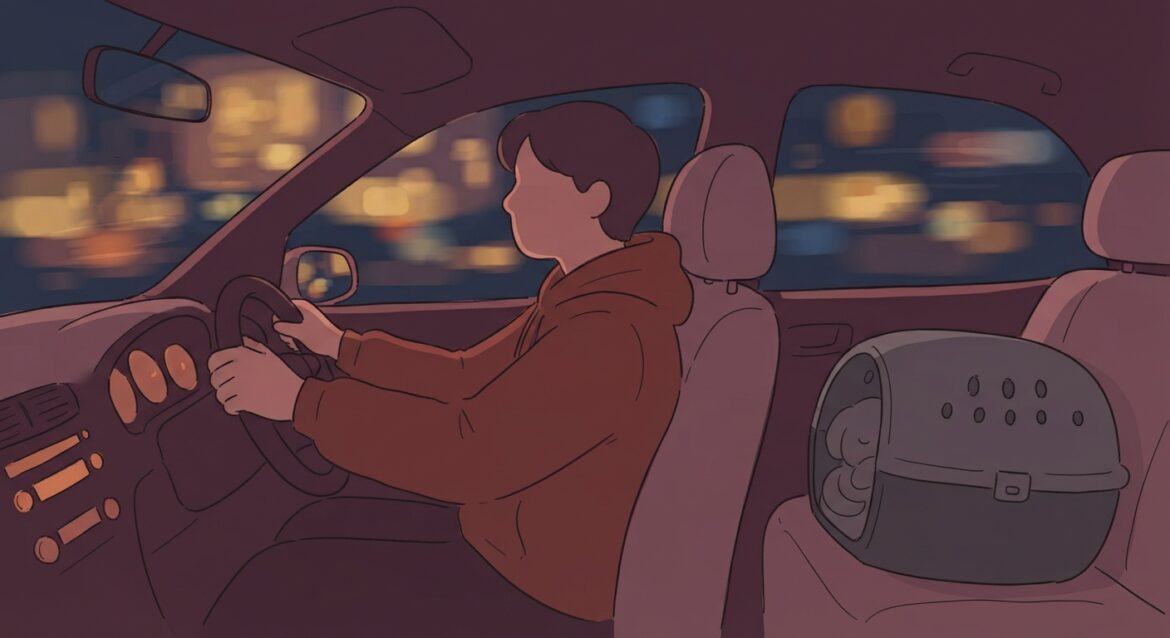 A worried pet owner driving at night with a dog carrier in the back seat, city lights blurred outside