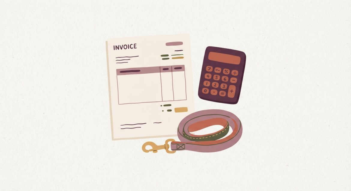 a veterinary invoice next to a calculator and a dog leash