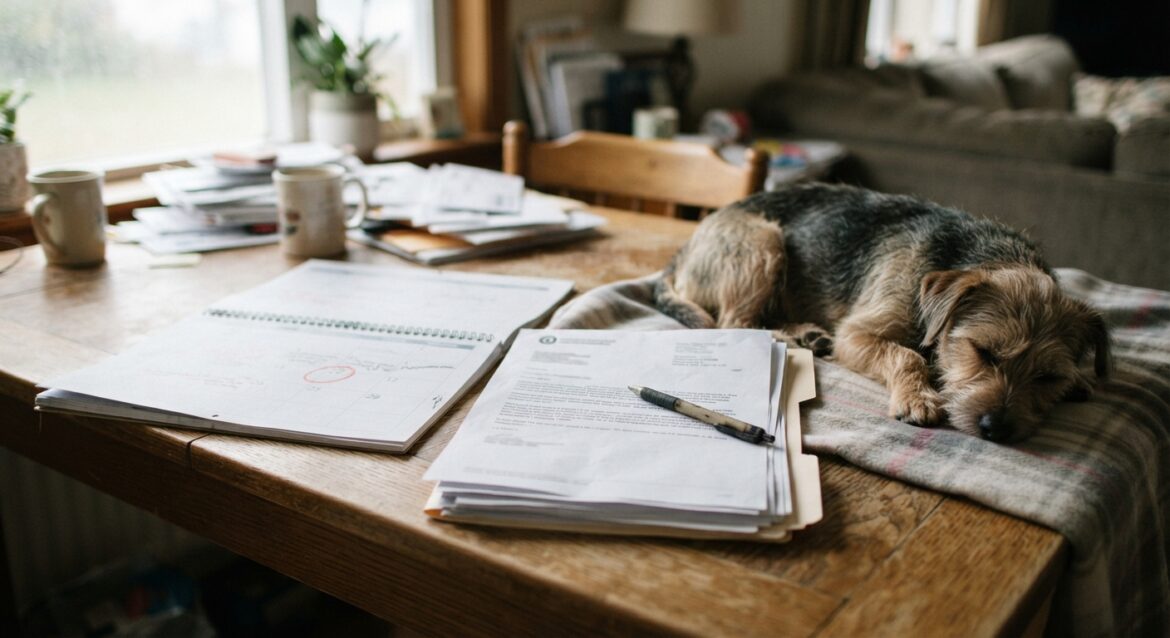 A calendar with a renewal date circled next to an insurance policy document and a small dog resting nearby