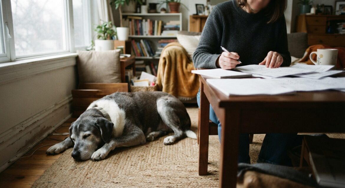 a gray-muzzled senior dog resting calmly beside a pet owner reviewing paperwork at home