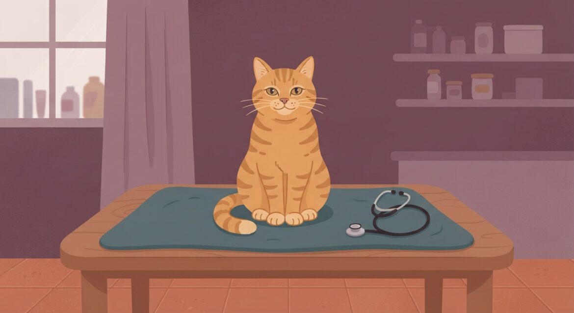 An older orange tabby cat sitting calmly on a vet exam table with a stethoscope nearby