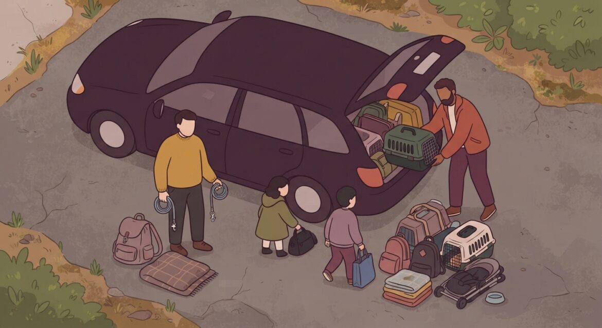 A family loading pet carriers and supplies into a car during an evacuation, with a dog leash in hand