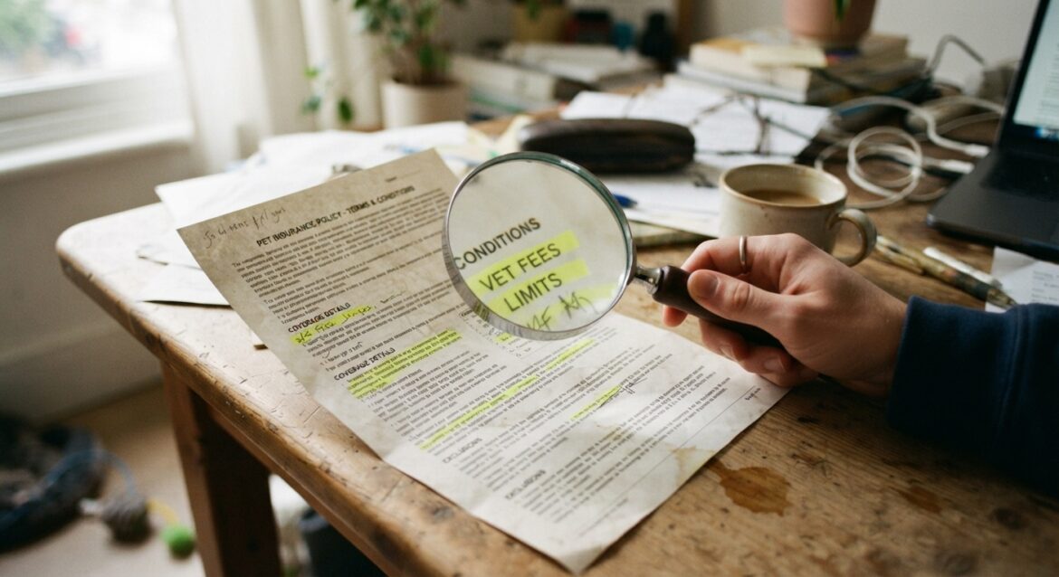 A magnifying glass hovering over a printed pet insurance policy document with highlighted sections