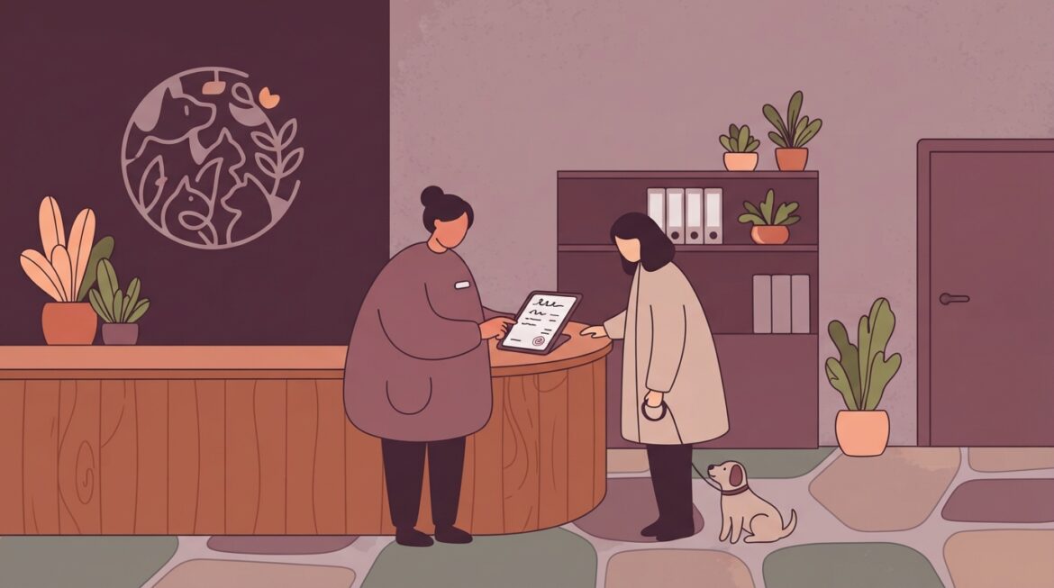 A veterinarian reviewing an itemized invoice with a pet owner at the front desk of a clinic