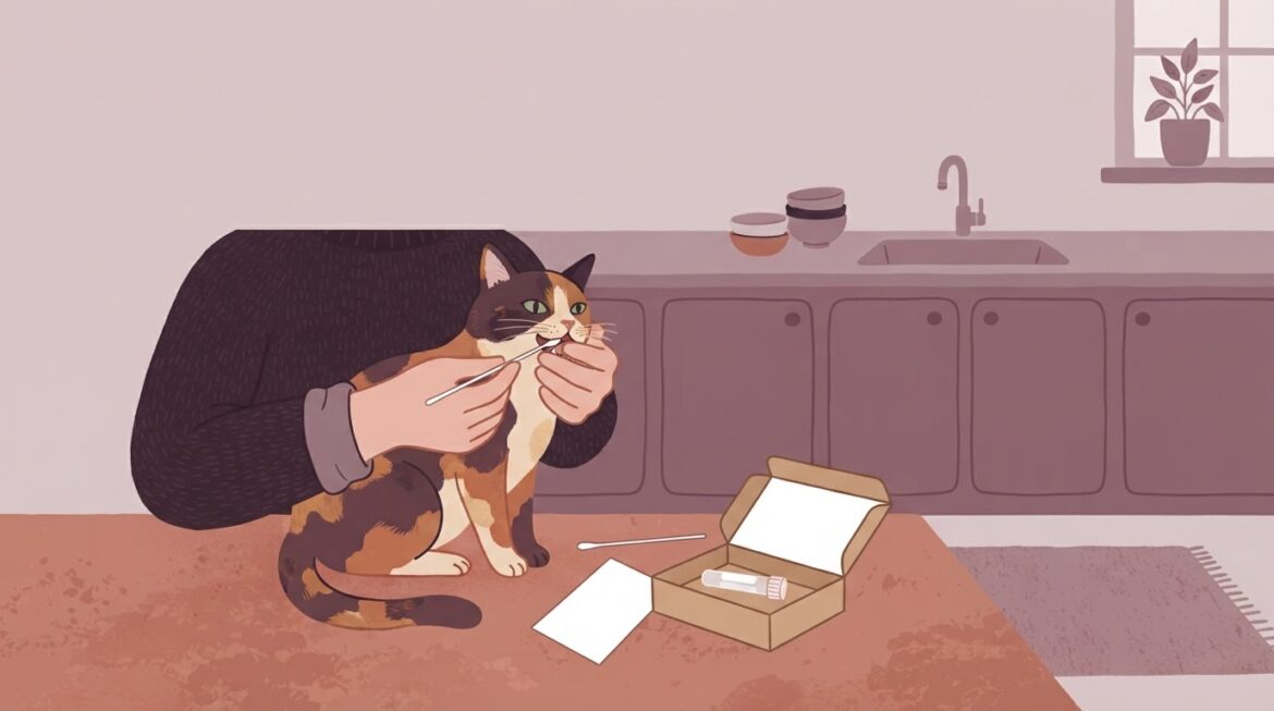 A pet owner swabbing their cat's cheek with a DNA test kit on a kitchen counter
