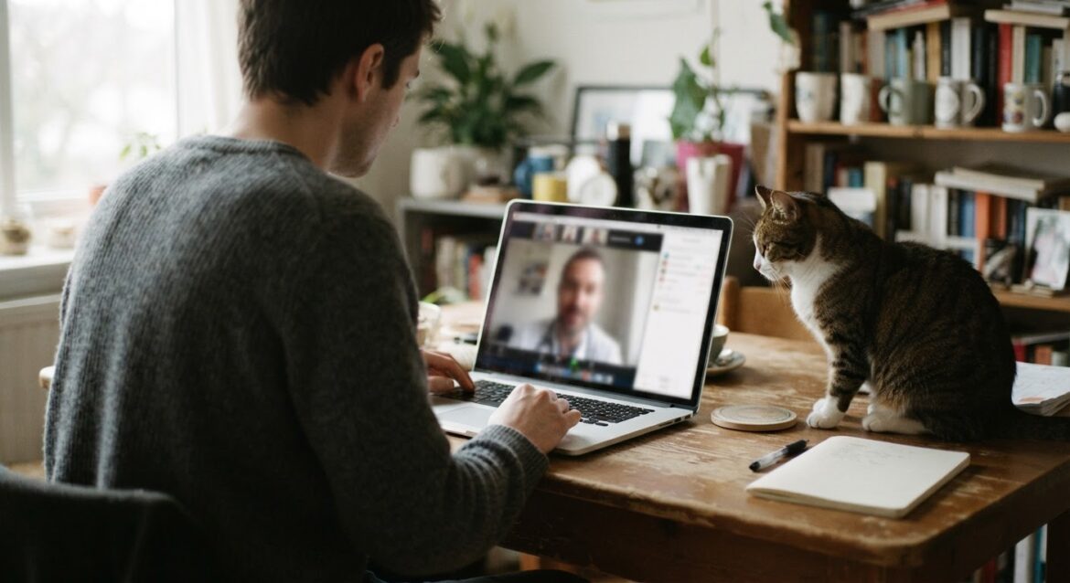 a pet owner on a laptop video call with a veterinarian while a cat sits nearby