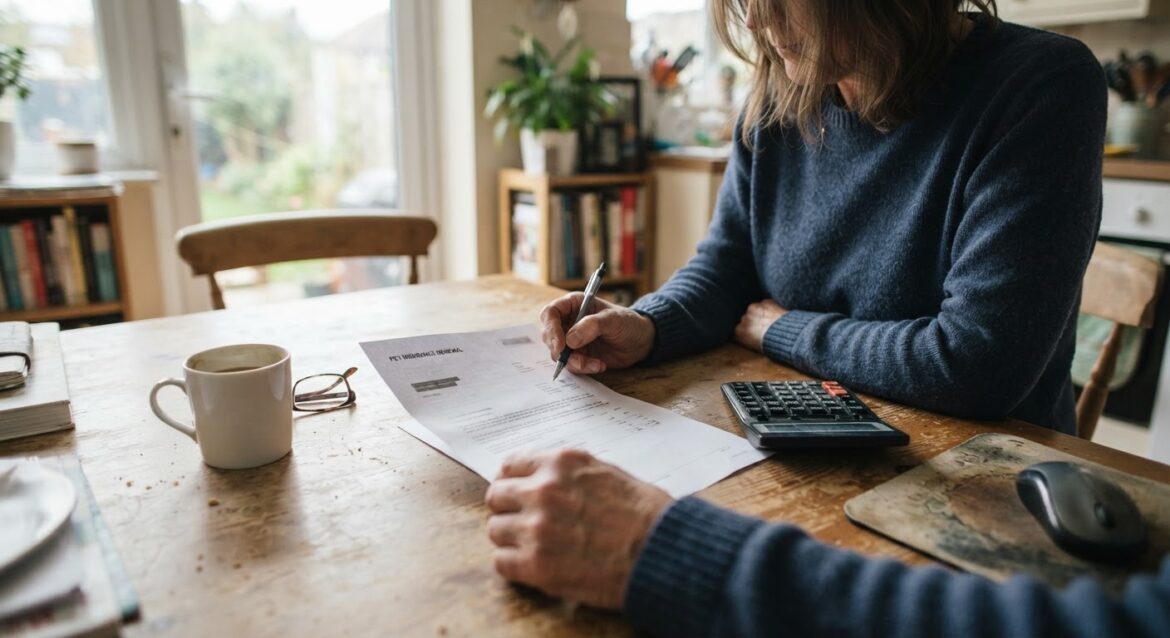 A person reviewing a pet insurance renewal letter at a kitchen table with a calculator nearby