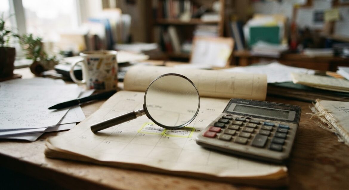 A calendar with a magnifying glass over a highlighted renewal date next to a calculator