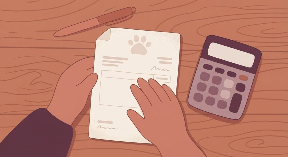 A close-up of a hand reviewing a printed itemized veterinary invoice with a calculator nearby