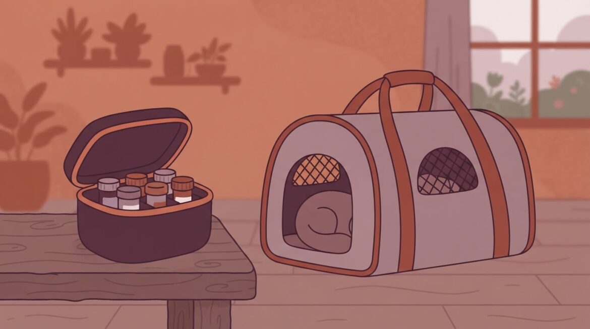 A small insulated medication travel case with pet medicine vials packed next to a pet carrier