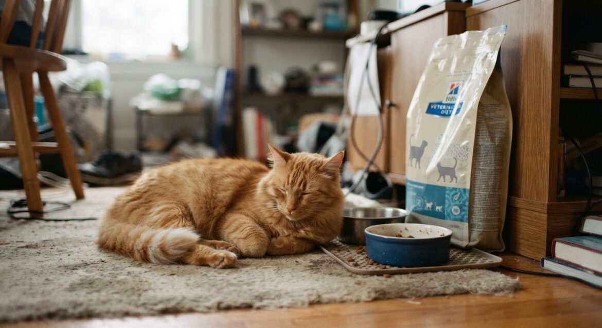 An orange cat resting near a food bowl with a veterinary prescription diet bag nearby