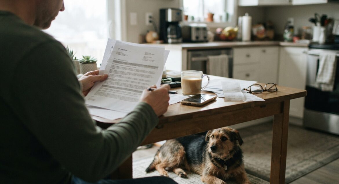A pet owner reviewing a printed insurance policy document at a kitchen table with a dog nearby